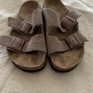 Birkenstock Tan Sandals with Contoured Footbed and Metal Buckles